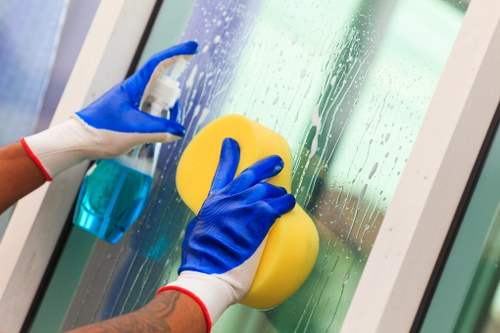 Commercial cleaning team maintaining a modern office lobby